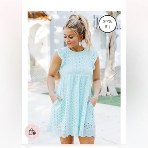 Pink Lily You Found My Heart Light Blue Lace Romper Dress, size Medium.